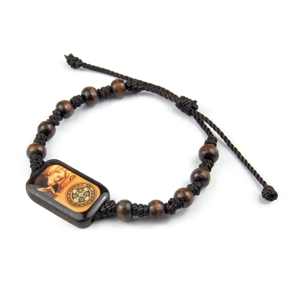 Religion Wood Rosary Bracelet For Men Square Colorful Jesus Virgin Mary Icons Charm Prayer Beads Chain Women Christian Jewelry