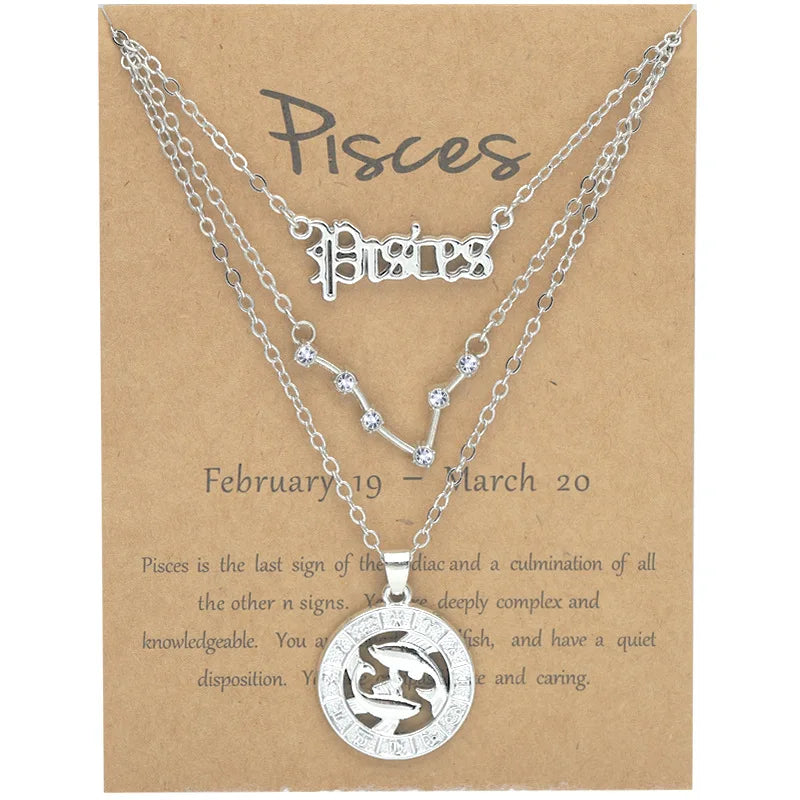 3Pcs Zodiac Sign Necklaces Set For Women 12 Constellation Letter Pendant Chain Choker Birthday Jewelry With Cardboard Card