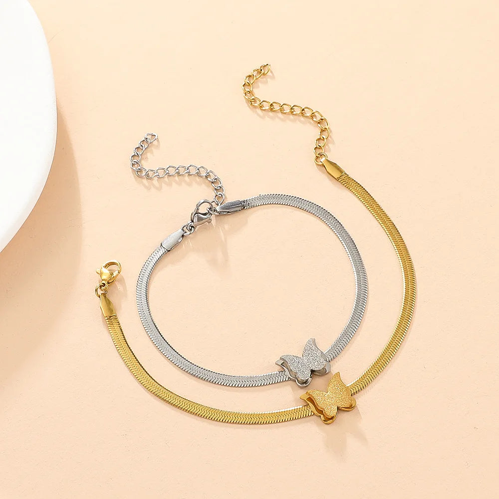 Stainless Steel Frosted Butterfly Charm Bracelet For Women Titanium Steel Snake Chain Bangle Female Fashion Party Jewelry