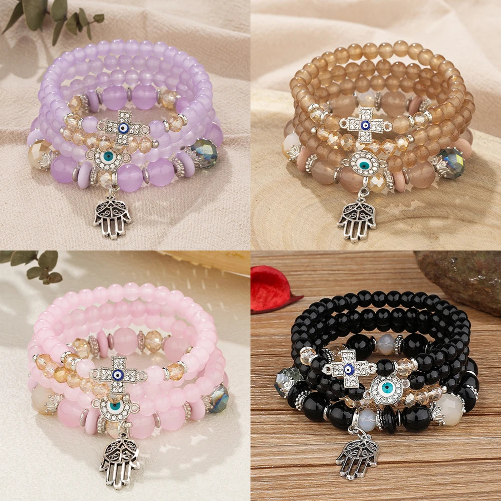 4Pcs Bohemian Acrylic Beads Bracelet Set For Women Fatima Hand Cross Evil Eyes Charm Elastic Chain Bangle Men Fashion Party Jewe