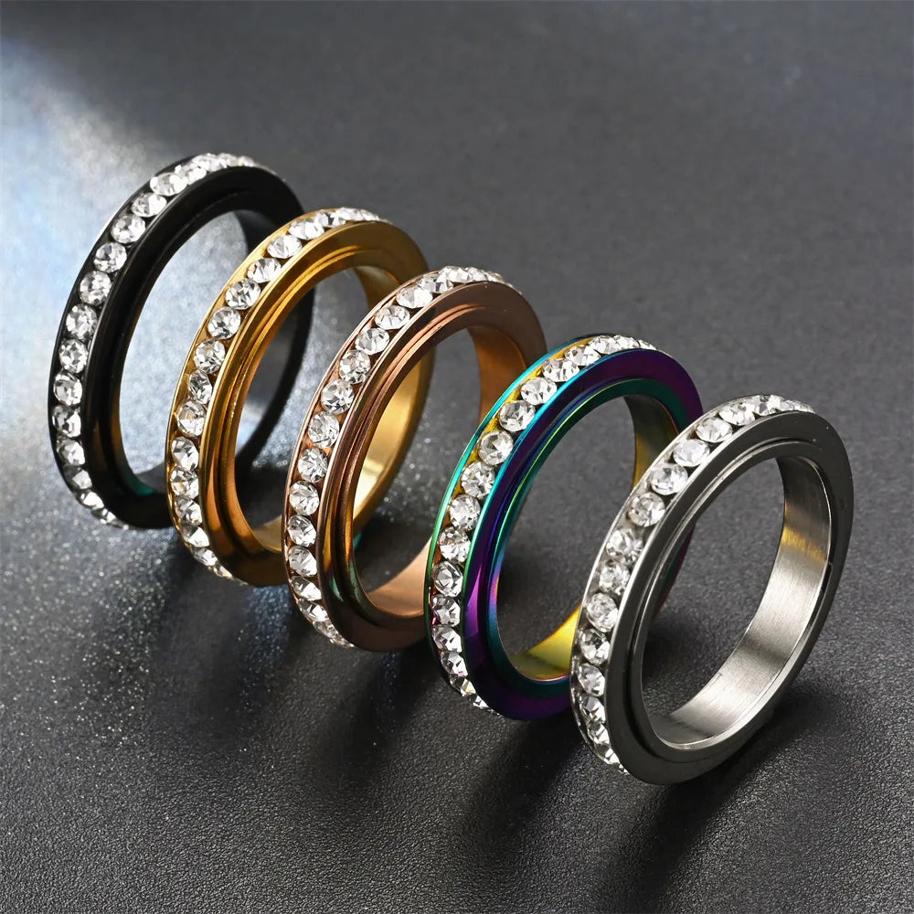 4MM Stainless Steel Spinner Finger Rings For Women Crystal Rotatable Wedding Ring Men Fashion Anniversary Party Jewelry