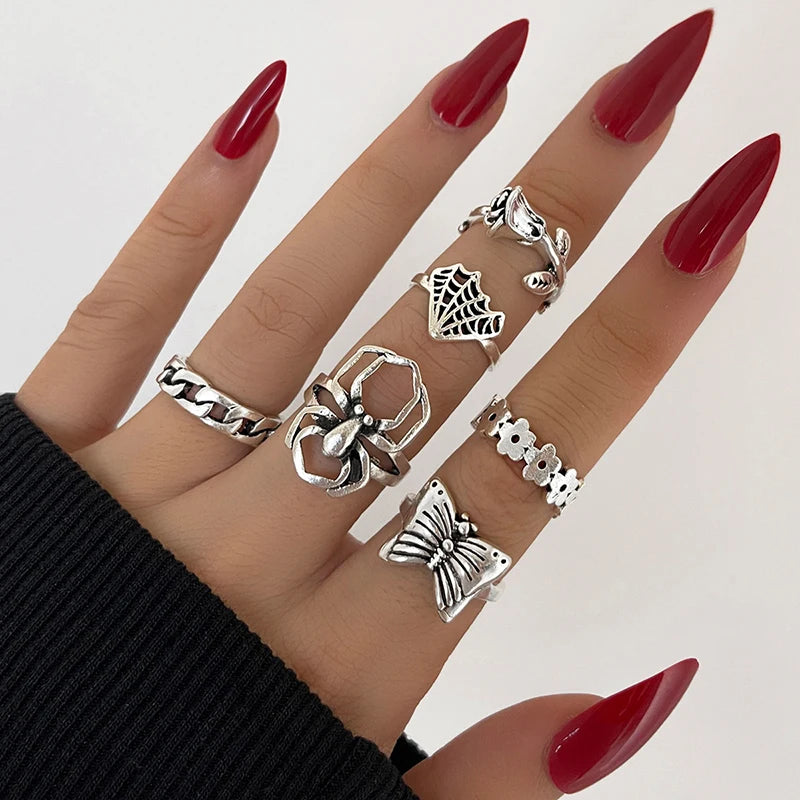 Vintage Punk Metal Multi Element Ring Set For Women Men Antique Silver Color Butterfly Snake Skull Finger Rings Gothic Jewelry