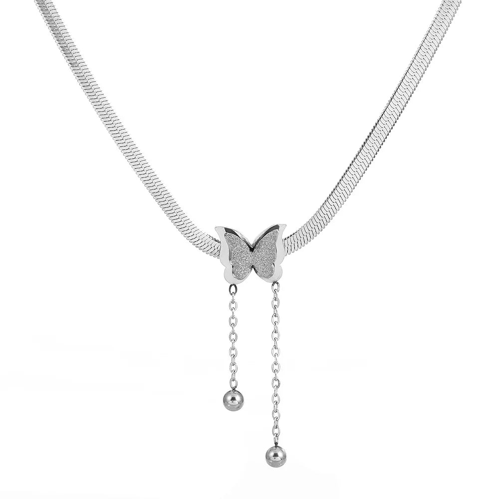 Fashion Stainless Steel Frosted Butterfly Statement Necklace For Women Titanium Steel Snake Chain Choker Female Party Jewelry