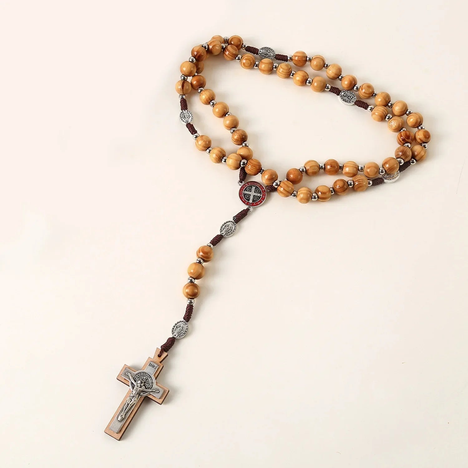 Wooden Rosary Necklace For Women Men Christian Cross Pendant 10MM Long Wood Beads Chain Fashion Religion Prayer Jewelry