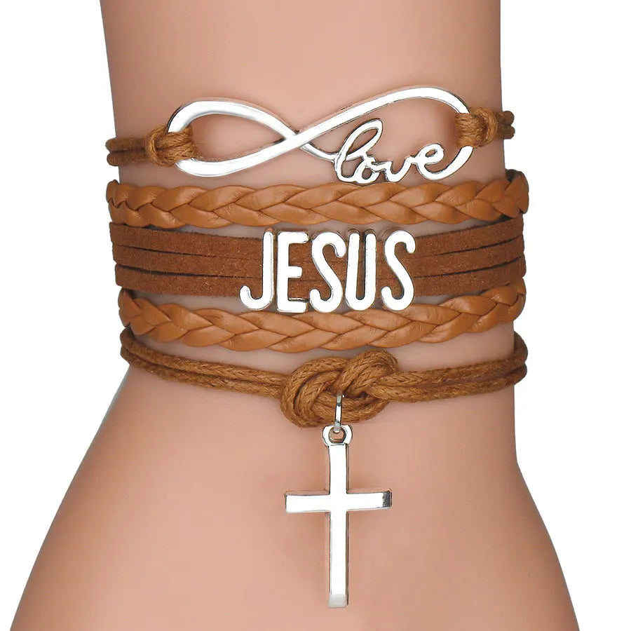 Religious Cross Charm Leather Bracelets For Women Men Jesus Braided Rope Chains Bangle Fashion Prayer Party Jewelry