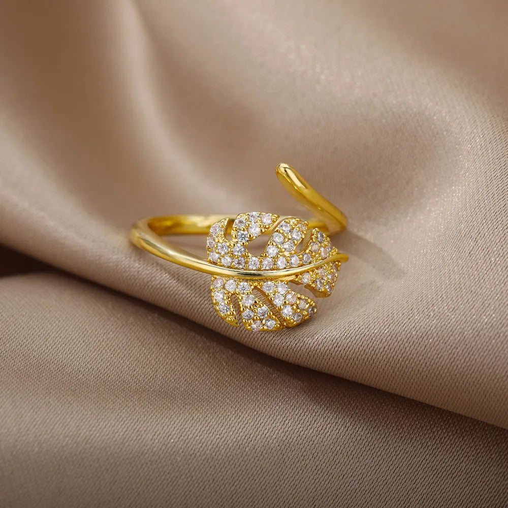 Fashion Palm Leaf Shape Open Rings For Women Gold Color Zircon Adjustable Finger Ring Girls Korean Party Jewelry Gift