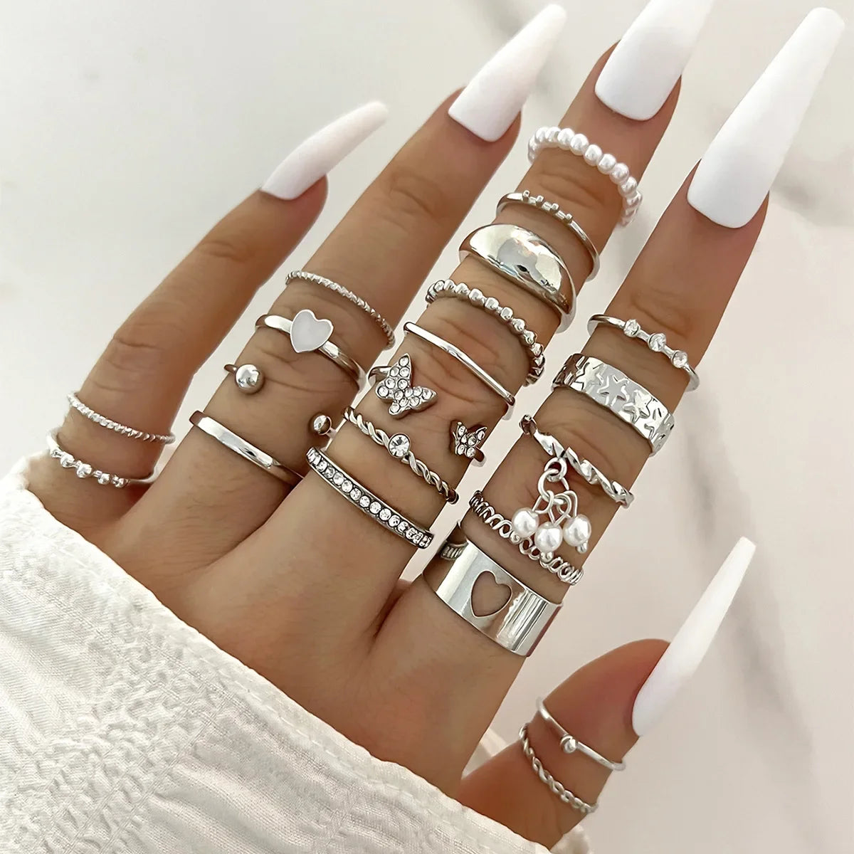 Silver Color Geometric Knuckle Ring Set For Women Artificial Pearl Simple Chain Finger Ring Female Bohemian Jewelry Accessories