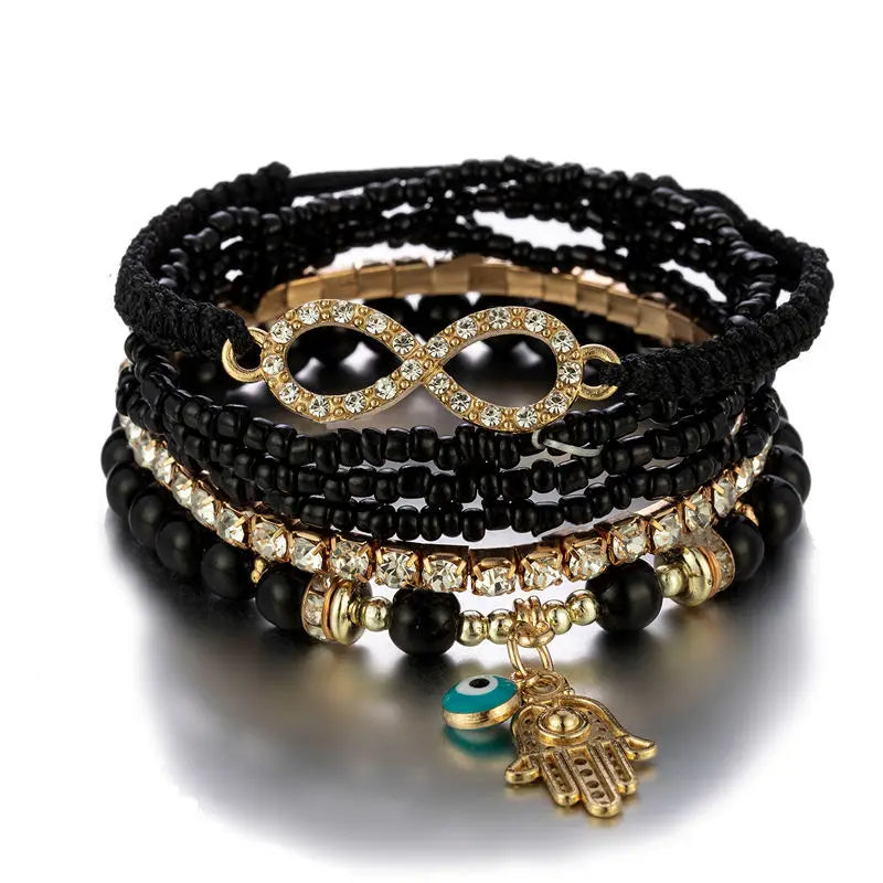 6Pcs Bohemian Hand Eye Beaded Bracelet Set For Women Crystal Geometric Charm Braided Rope Chain Bangle Female Boho Jewelry