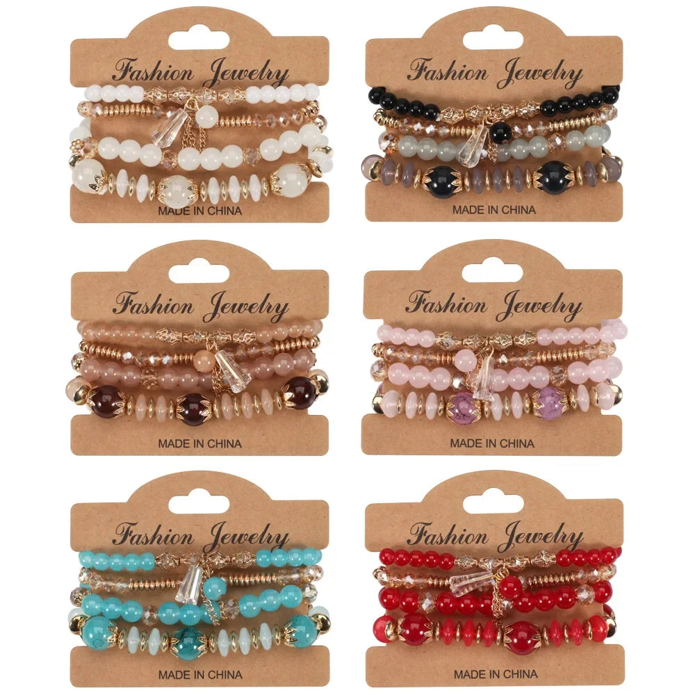 4Pcs Bohemian Stackable Beaded Bracelets Set For Women Multilayered Glass Beads Stretch Chain Charm Bracelet Men Fashion Jewelry