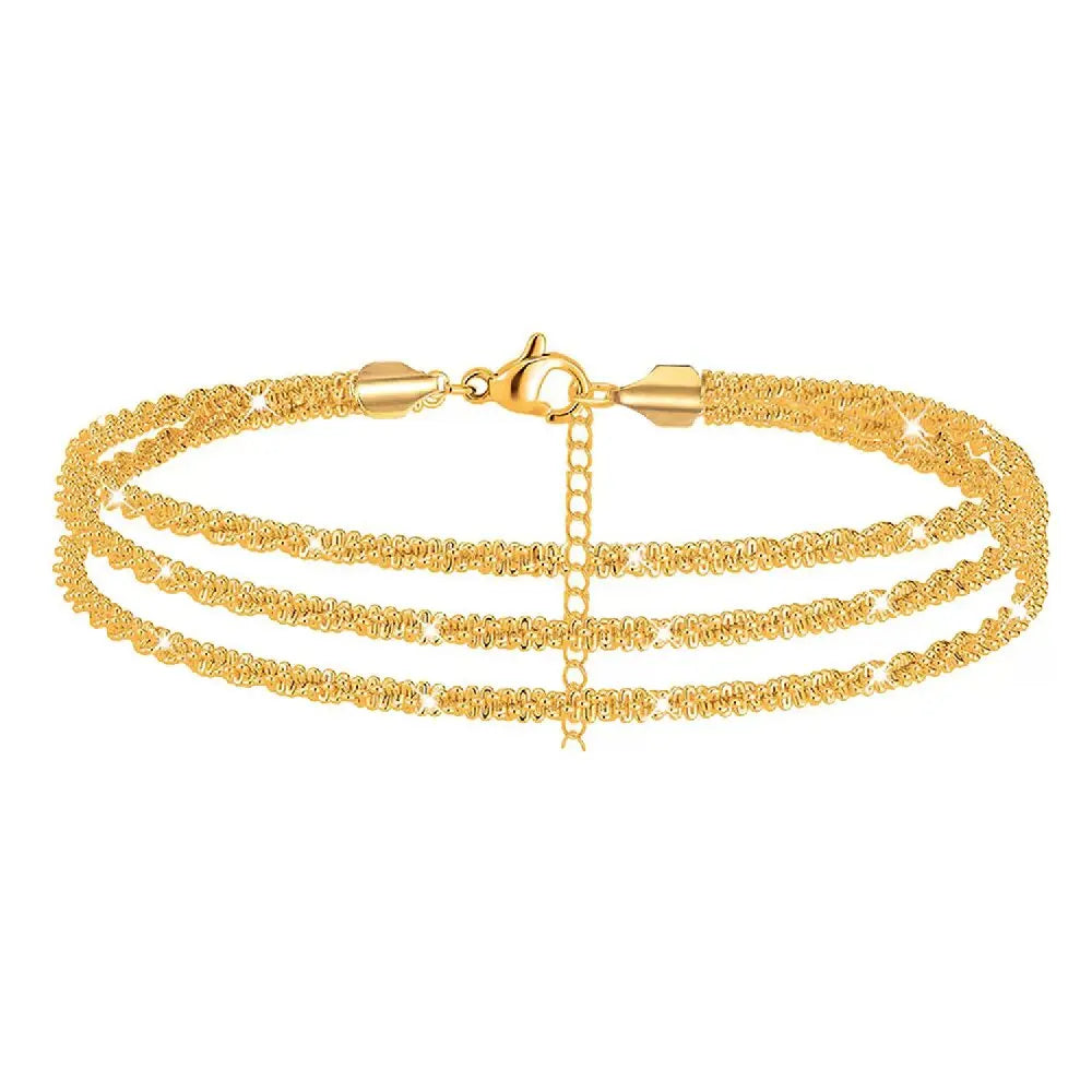 Summer Shiny Sparkling Copper Anklet For Women Silver Gold Color Multi-layer Chain On The Leg Foot Beach Ankle Bracelet Jewelry