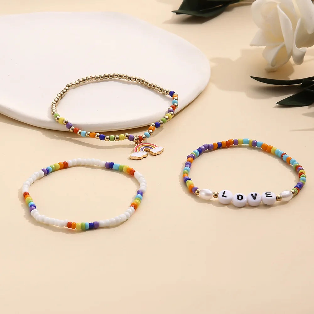 Bohemia Rainbow Charm Bracelet Set For Women Colour Rice Bead Chain Love Letter Bangle Girls Boho Jewelry Gift