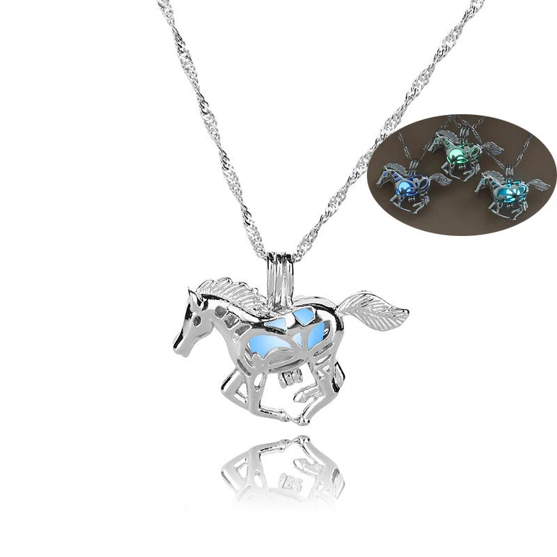 Glowing in The Dark Horse Necklace For Women Fashion luminous Bead Animal Cage Pendant Chain Jewelry Gift