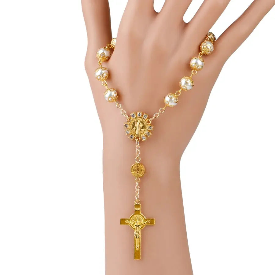 New Religious Rosary Bracelet For Women Fashion Cross Charm 8MM Glass Beaded Chain Bracelet Men Prayer Party Jewelry Gift