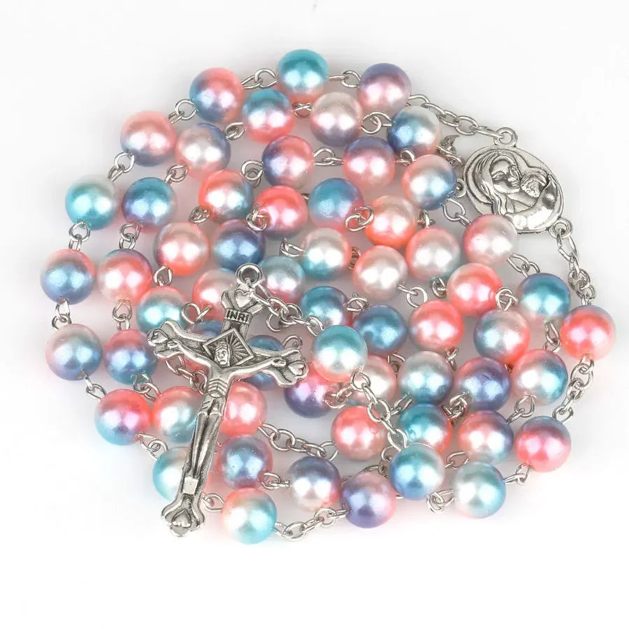 8MM Religion Rosary Necklace For Women Christian Virgin Mary Jesus Cross Pendant Long Colorful Bead Chain Praying Jewelry