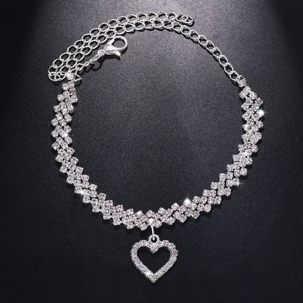 Fashion Cubic Zirconia Anklet For Women Silver Color Hollow Heart Charm Shining Chain On Foot Girls Summer Beach Jewelry