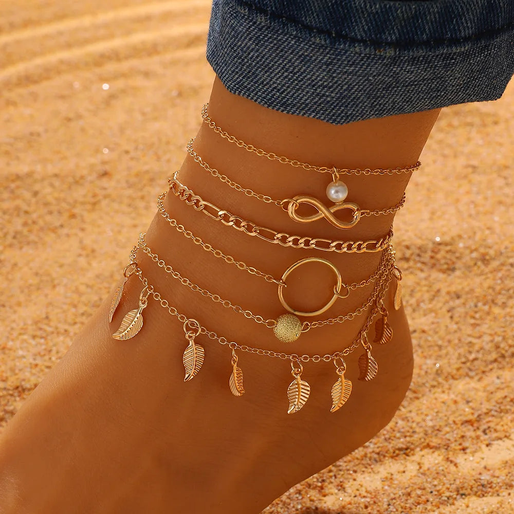 Bohemian Summer Beach Anklet Set For Women Gold Color Chain On Leg Leaf Heart Pineapple Rose Charm Ankle Bracelet Female Jewelry