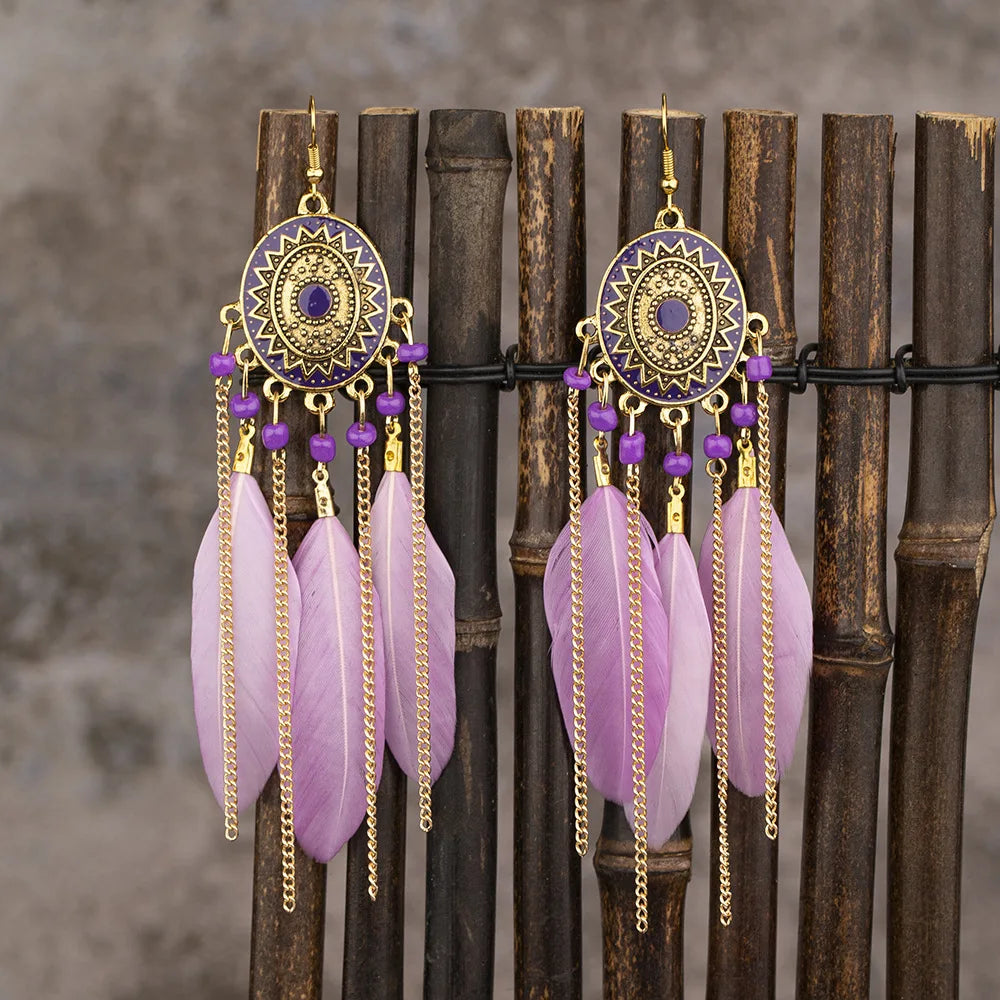 Vintage Ethnic Feather Tassel Earrings For Women Long Fringe Chain Drop Dangling Earrings Female Girls Jewelry Accessories