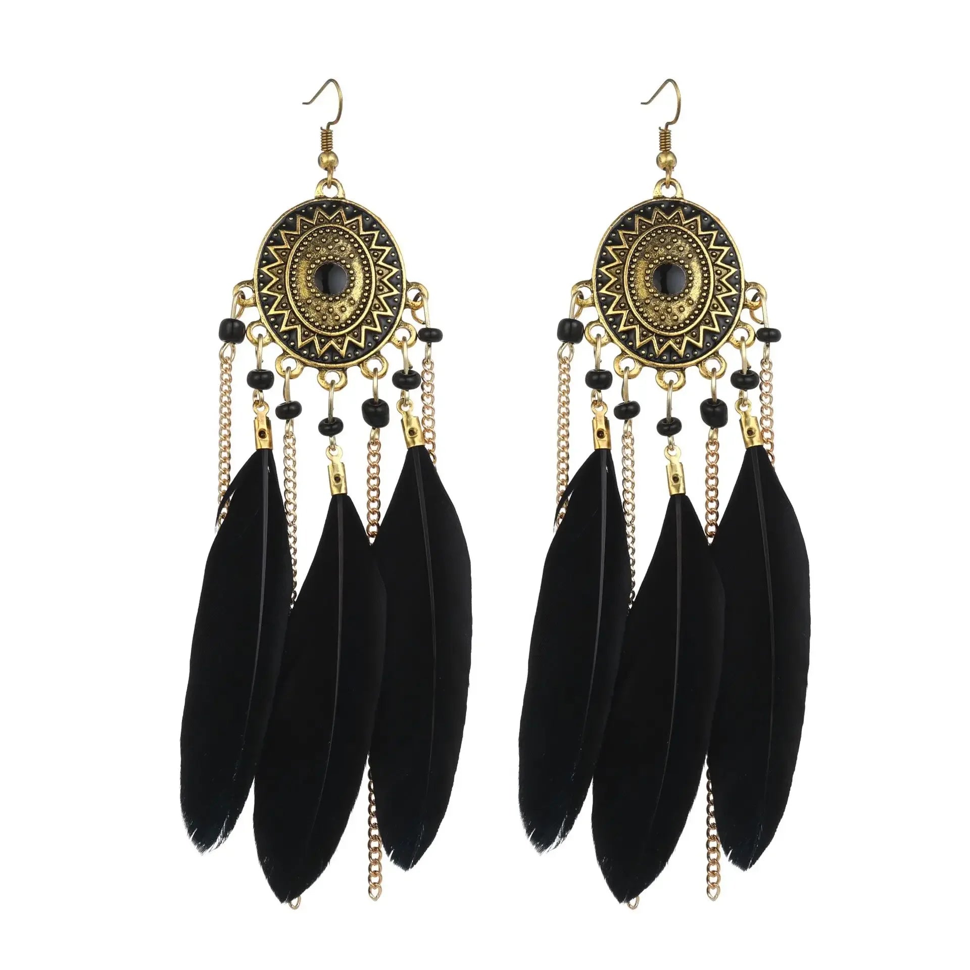Ethnic Colorful Feather Tassel Earrings For Women Long Chain Beads Drop Dangling Earrings Girls Vintage Jewelry Accessories