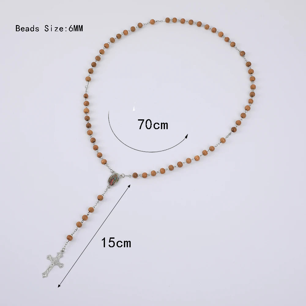Wood Rosary Necklace For Women 6MM Wooden Prayer Beads Long Chain Religious Virgin Mary Cross Pendant Men Party Jewelry Gift