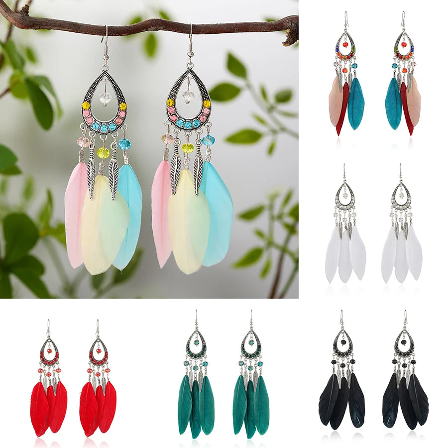 Bohemian Women Handmade Earrings For Female Colorful Long Feather Crystal Drop Tassel Dangle Earring Ladies Boho Jewelry Gift