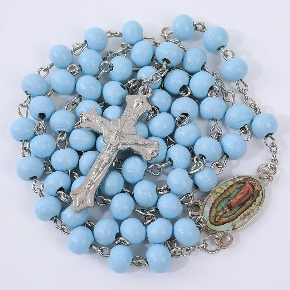 Wood Rosary Necklace For Women Men Religious Virgin Mary Cross Pendant 6MM Long Beads Chain Catholic Prayer Party Jewelry