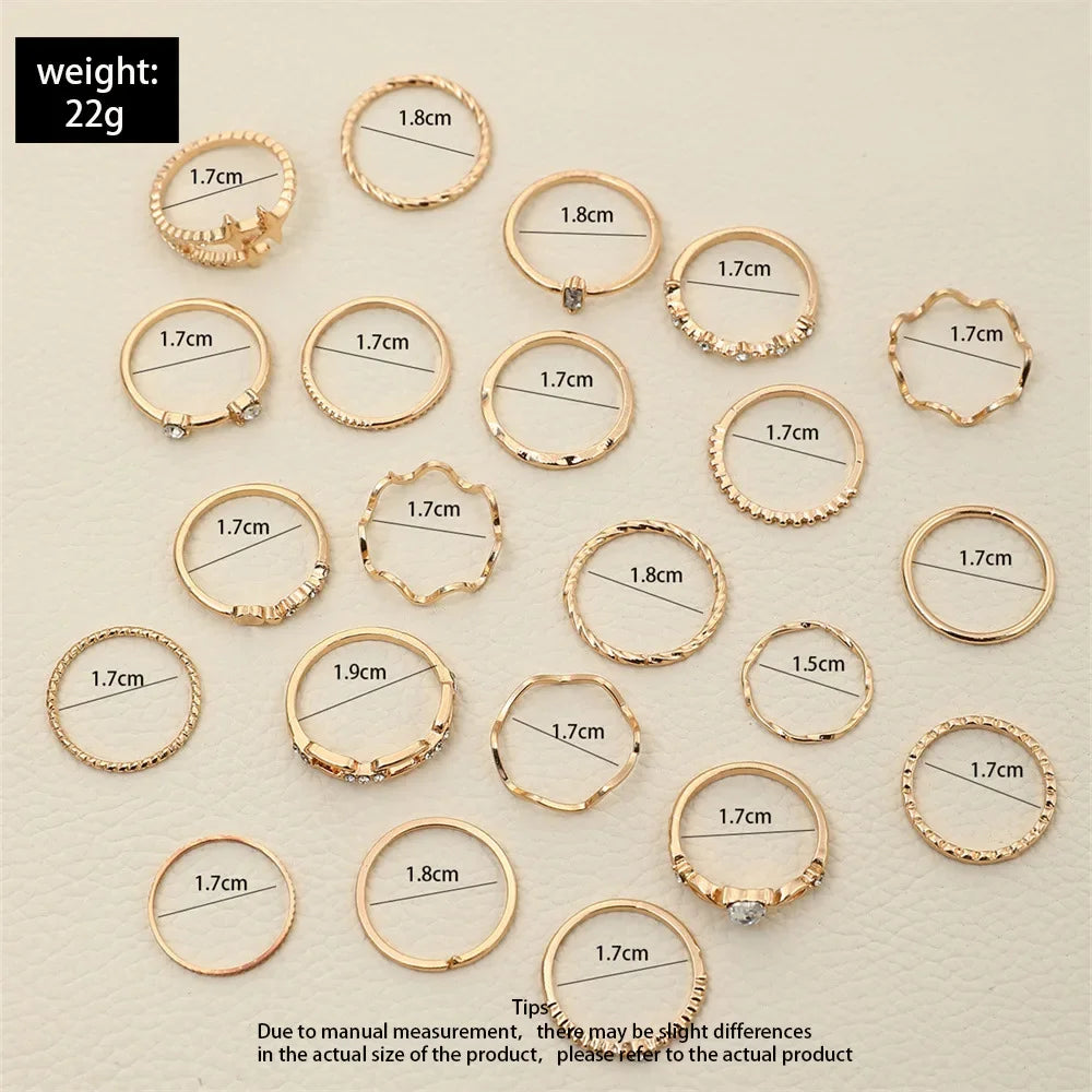 22Pcs Bohemian Geometric Knuckle Rings Set For Women Gold Silver Color Star Heart Crystal Finger Ring Girl Fashion Party Jewelry