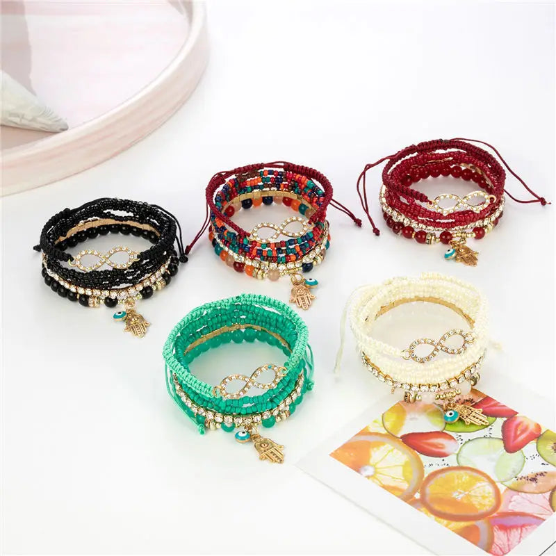 6Pcs Bohemian Hand Eye Beaded Bracelet Set For Women Crystal Geometric Charm Braided Rope Chain Bangle Female Boho Jewelry